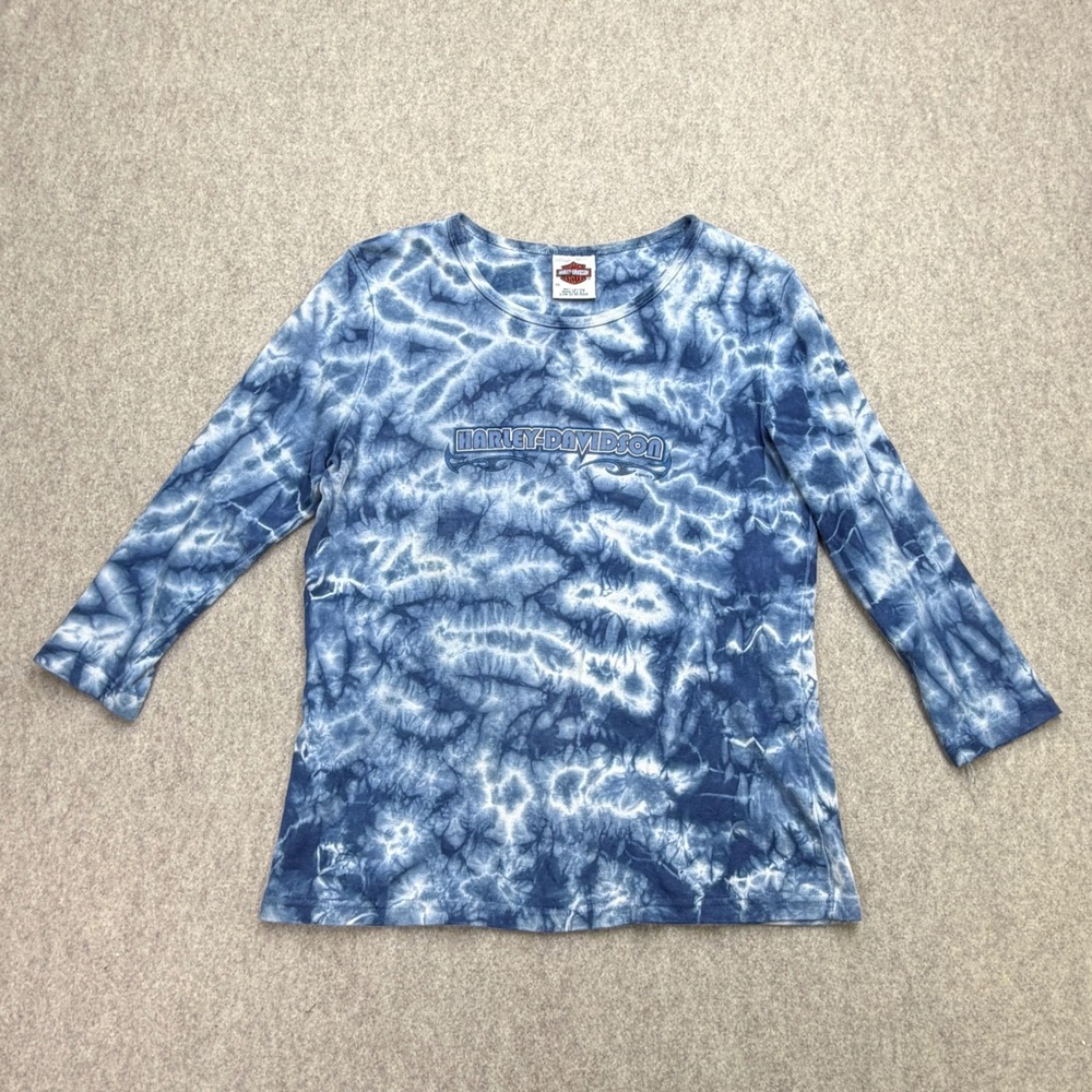 Vtg Harley-Davidson Shirt Womens XL Long Sleeve Blue Tie Dye Biker Y2K 2004 USA